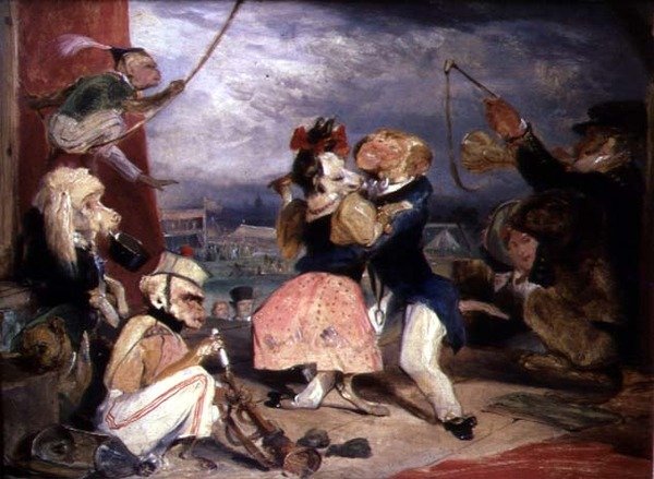 West End Fair: Opice a psi vystupují na jevišti (olej na panelu) od Edwin Landseer