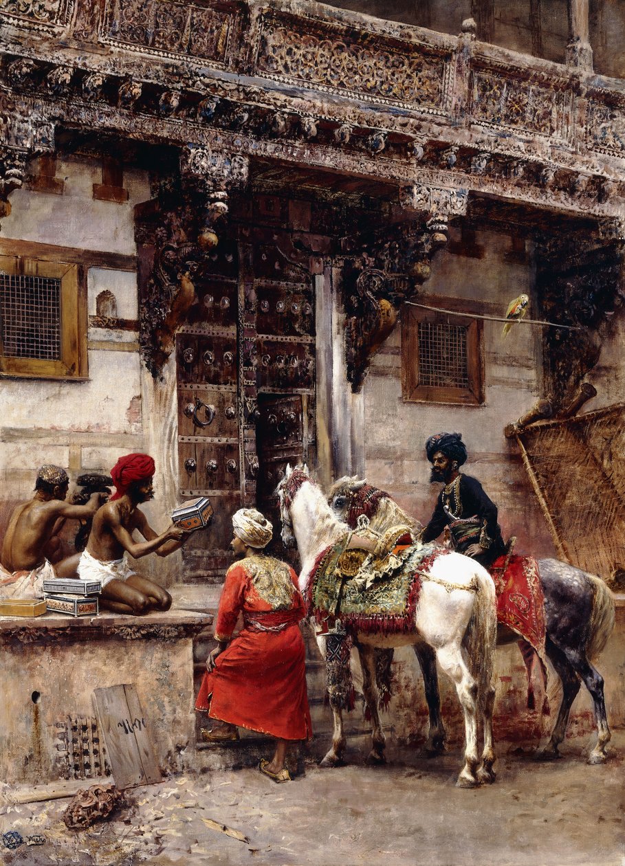 Řemeslník prodávající pouzdra v budově z teakového dřeva, Ahmedabad, kolem roku 1885 od Edwin Lord Weeks