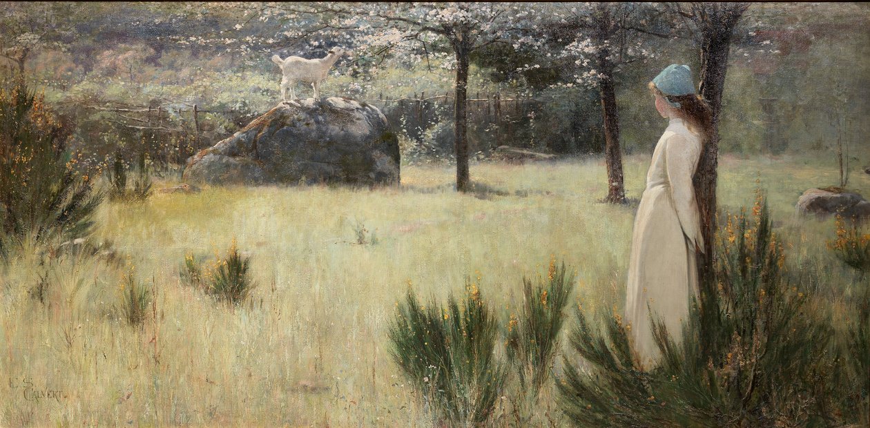 Mladá pastýřka a její koza na jarní pastvě od Edwin Sherwood Calvert