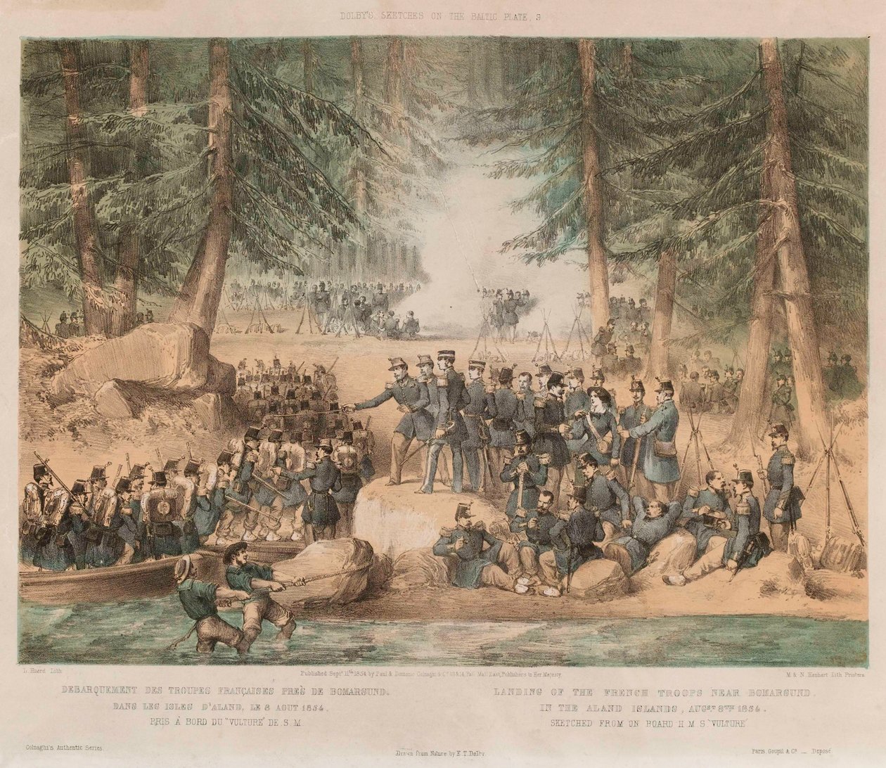 Vylodění francouzských jednotek u Bomarsundu na Alandských ostrovech, 8. srpna 1854 (litografie, tónovaná) od Edwin Thomas (after) Dolby
