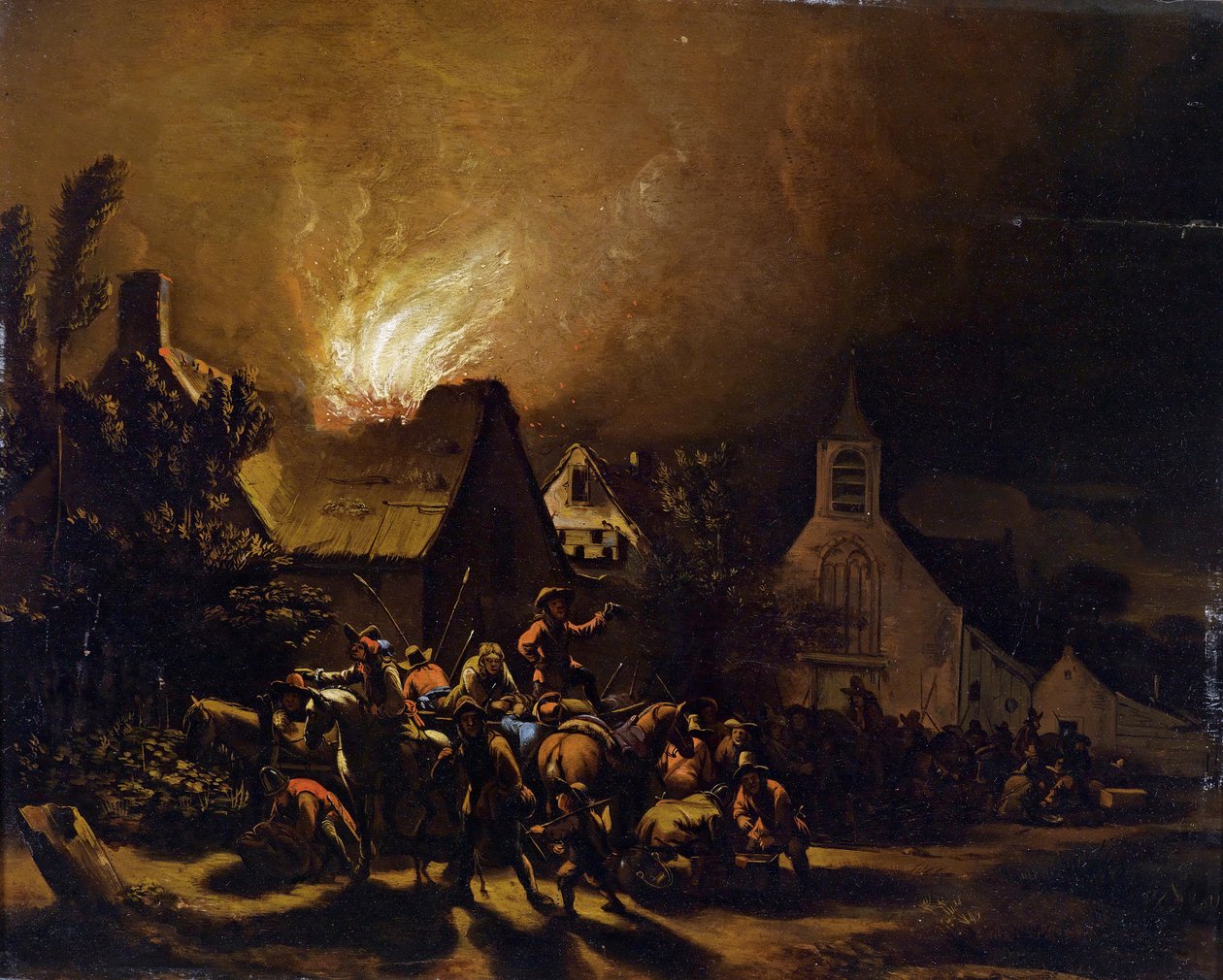 Lupiči před hořící vesnicí od Egbert van der Poel