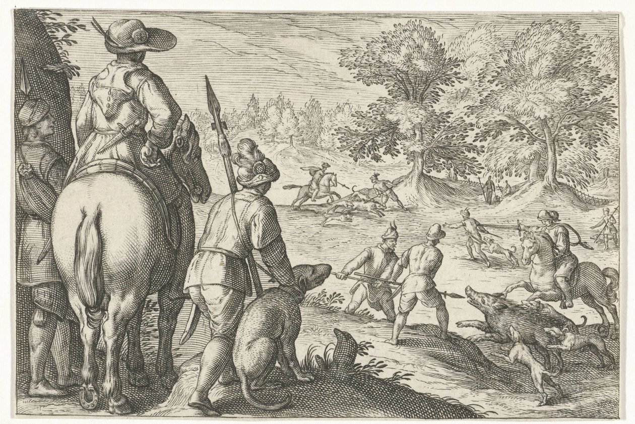 Krajina s lovem divočáků Lovecké scény (název série) Icones Venantum Species Varias Representantes (název série) od Egbert Jansz.