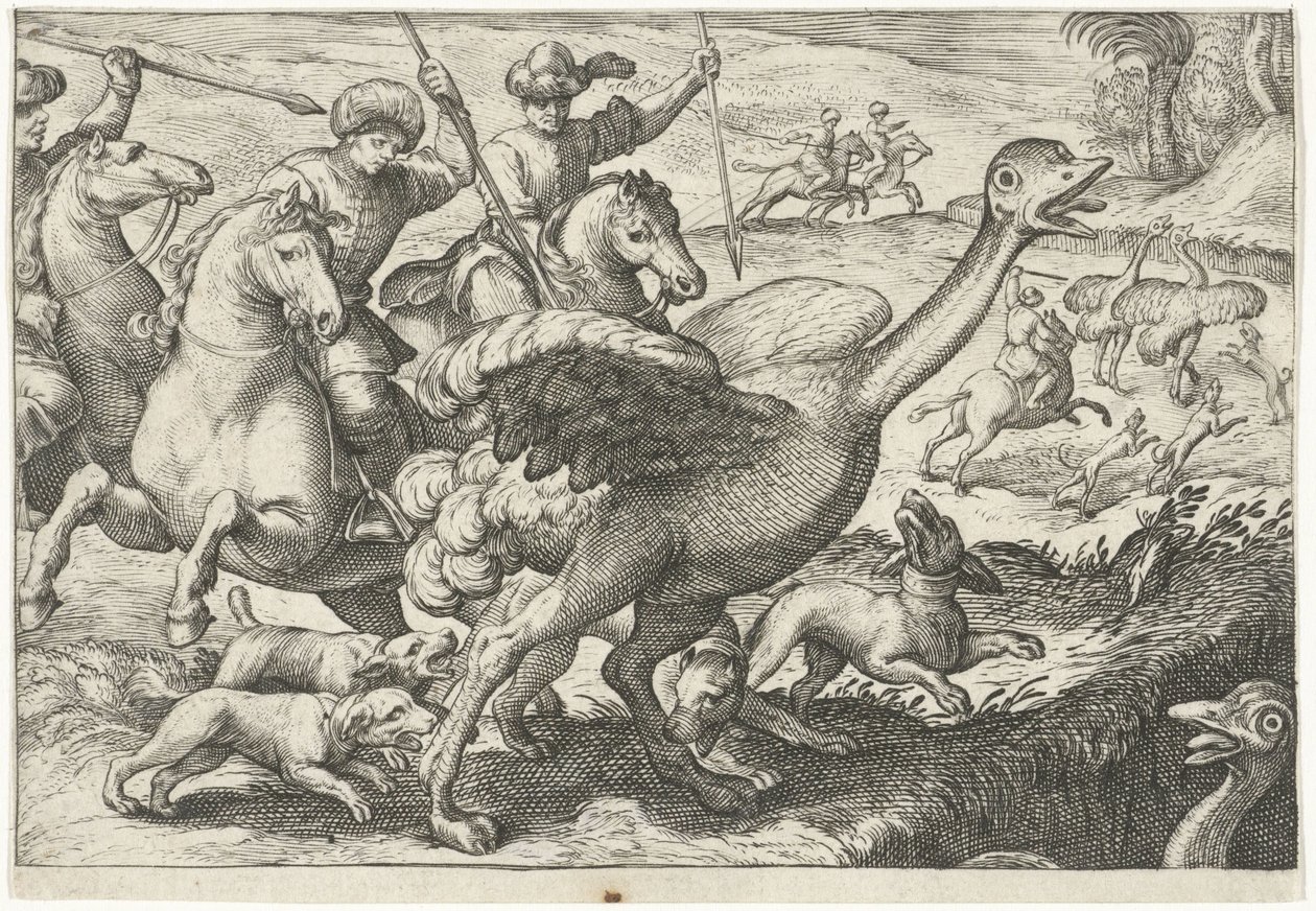Krajina s lovem pštrosů Lovecké scény (název série) Icones Venantum Species Varias Representantes (název série) od Egbert Jansz.