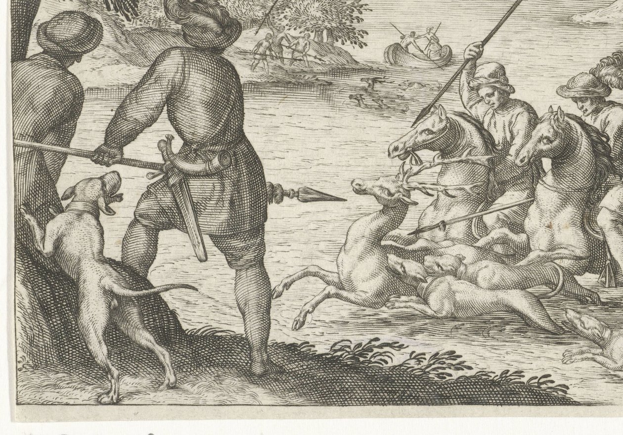 Říční krajina s lovem jelenů Lovecké scény (název série) Icones Venantum Species Varias Representantes (název série) od Egbert Jansz.