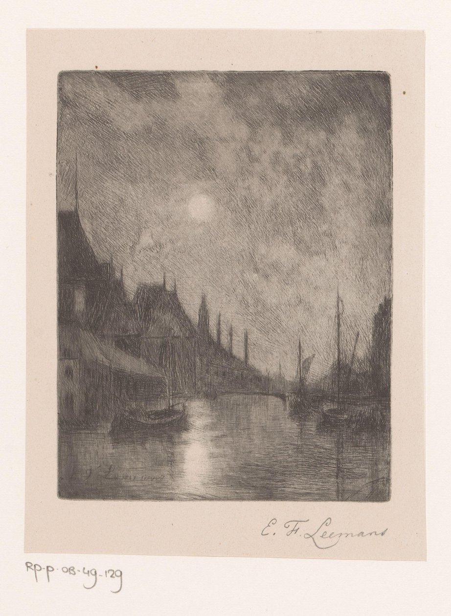 Pohled na řeku ve městě v noci od Egide François Leemans (signed by artist)