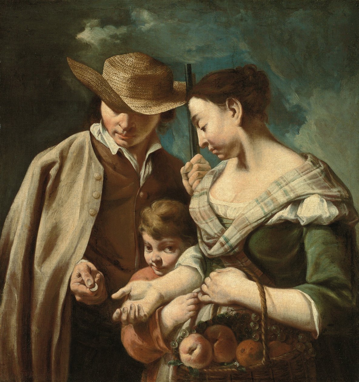 Prodavač ovoce a chlapec s košíkem broskví, hrušek a hroznů v krajině, s mužem držícím zbraň a minci, asi 1705-84 (olej na plátně) od Egidio (attr.to) Dall