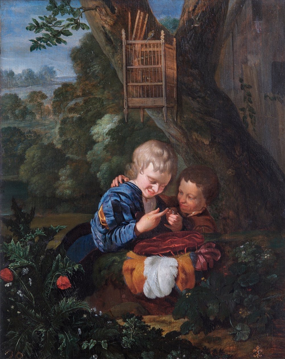 Boys With Trapped Bird (öljy tammipaneelissa) od Eglon Hendrick van der Neer