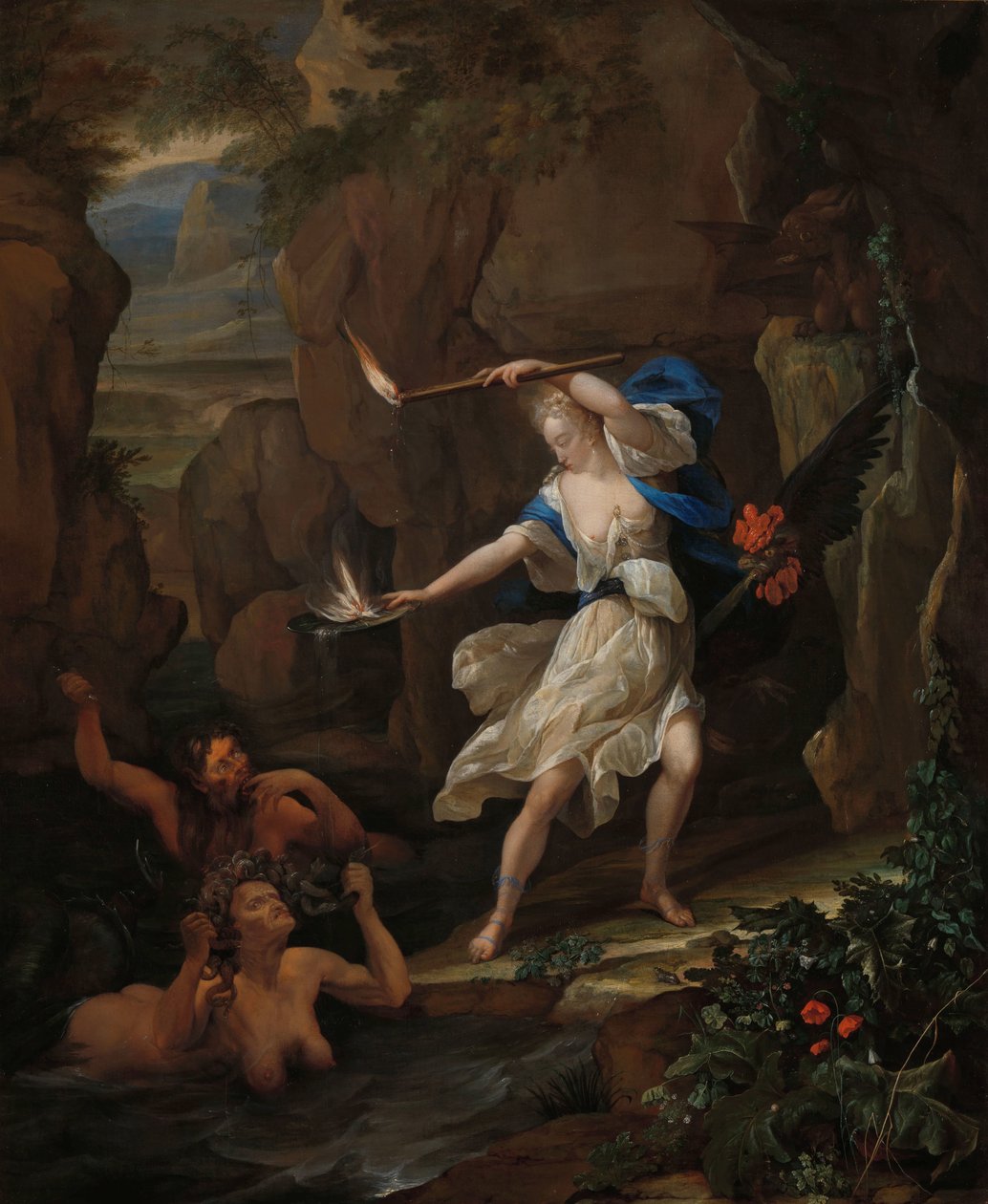 Circe potrestá Glaucus tím, že promění Scyllu v monstrum Circe Punishing Glaucus přeměnou Scylly na Monstrum od Eglon van der Neer