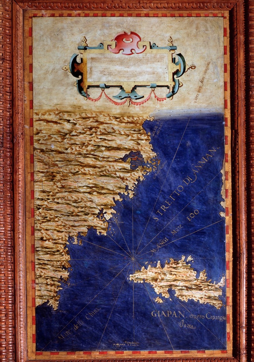 Mapa Číny a Japonska vytvořil Egnazio Danti (1536-1586), matematik, kosmograf a italský architekt. Kolem 1567. Florencie, Palazzo Vecchio, Sala del Mappamondo od Egnazio Danti