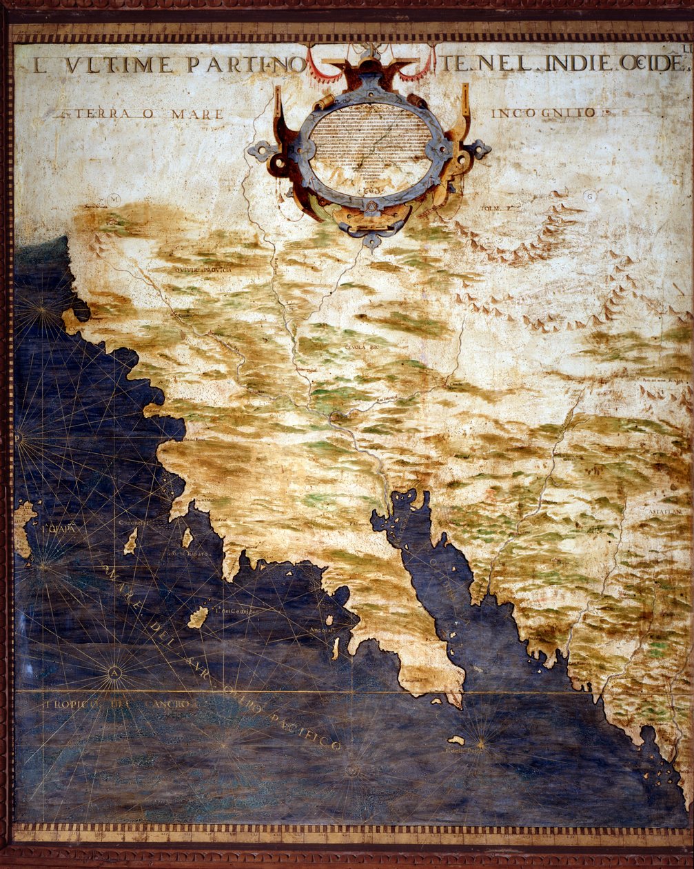 Mapa hranic Západní Indie a neznámých zemí vytvořil Egnazio Danti (1536-1586), matematik, kosmograf a italský architekt. Kolem 1567. Florencie, Palazzo Vecchio, Sala del Mappamondo od Egnazio Danti