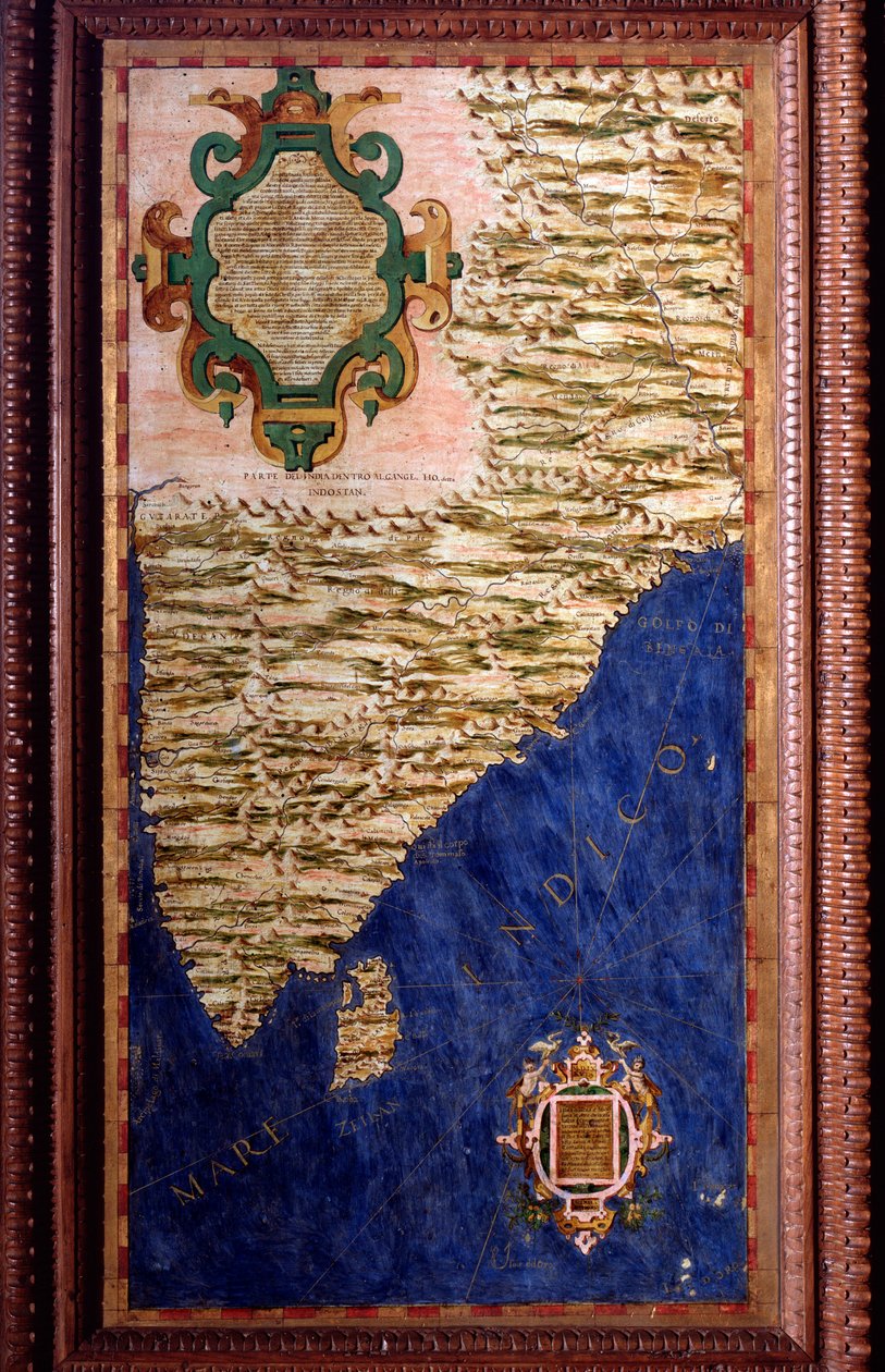 Mapu Indie vytvořil Egnazio Danti (1536-1586), matematik, kosmograf a italský architekt. Kolem 1567. Florencie, Palazzo Vecchio, Sala del Mappamondo od Egnazio Danti