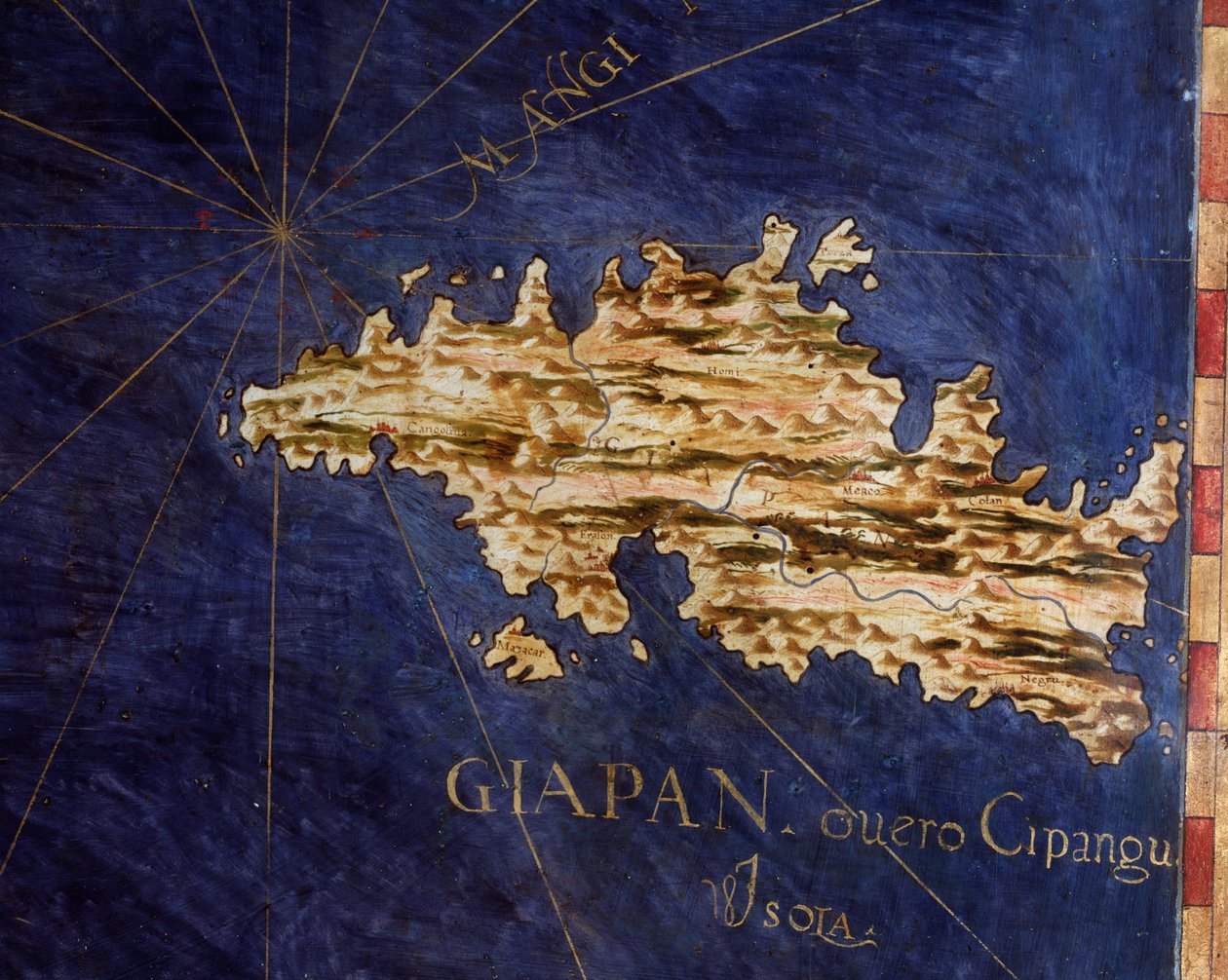 Japonsko (Cipangu nebo Cypango) Mapu vytvořil Egnazio Danti (1536-1586), matematik, kosmograf a italský architekt. Kolem 1567. Florencie, Palazzo Vecchio, Sala del Mappamondo od Egnazio Danti