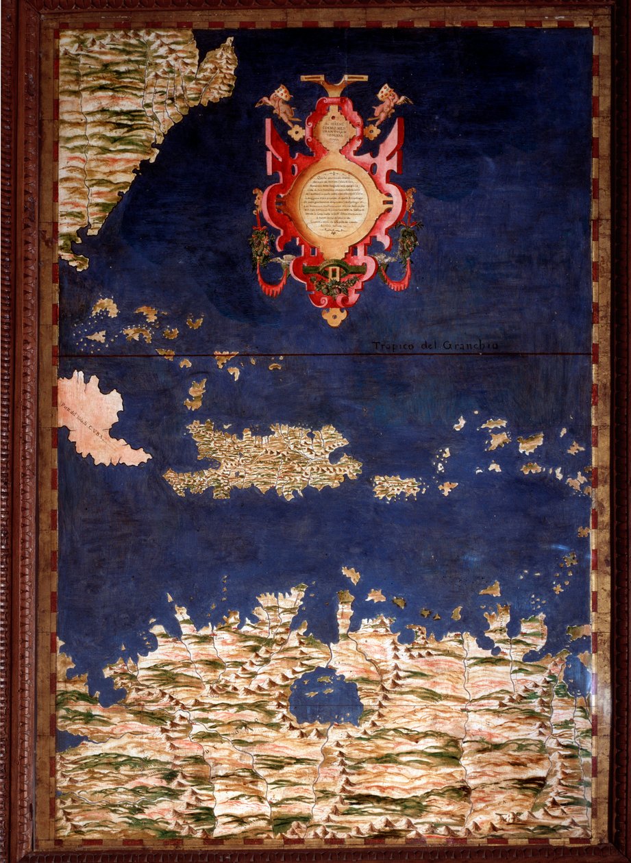 Santo Domingo (Santo Domingo) nebo mapa Hispaniola od Egnazia Dantiho (1536-1586), matematika, kosmografa a italského architekta. Kolem 1567. Florencie, Palazzo Vecchio, Sala del Mappamondo od Egnazio Danti