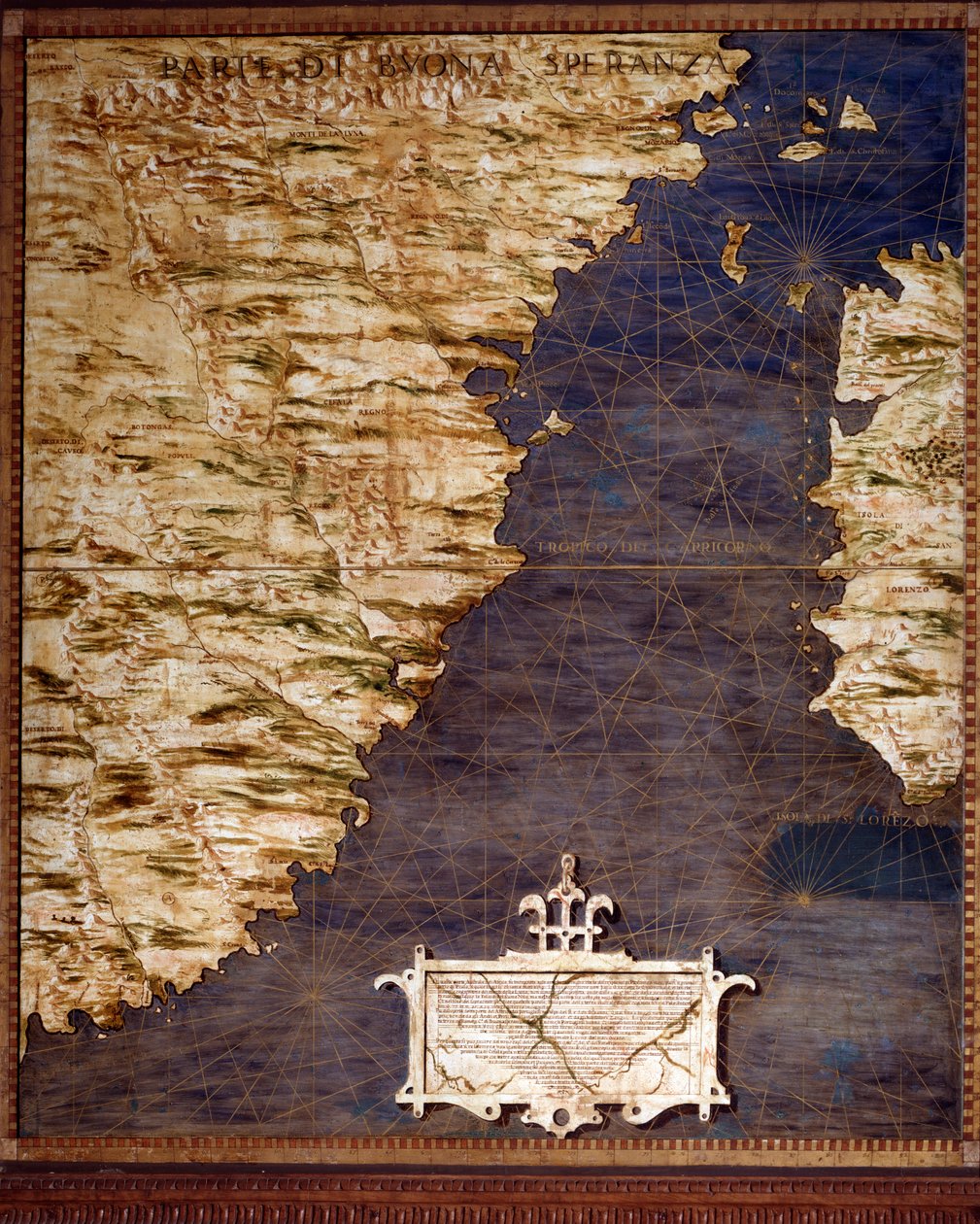 Jižní Afrika a mys Dobrého Esperance Mapa vytvořená Egnaziem Dantim (1536-1586), matematikem, kosmografem a italským architektem. Kolem 1567. Florencie, Palazzo Vecchio, Sala del Mappamondo od Egnazio Danti