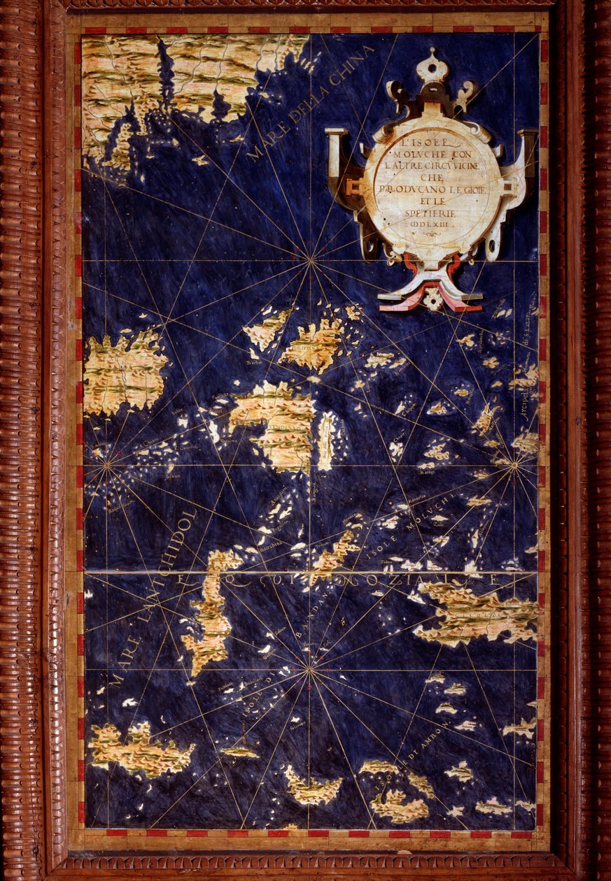 Mapa ostrovů Molucca vytvořil Egnazio Danti (1536-1586), matematik, kosmograf a italský architekt. Kolem 1567. Florencie, Palazzo Vecchio, Sala del Mappamondo od Egnazio Danti