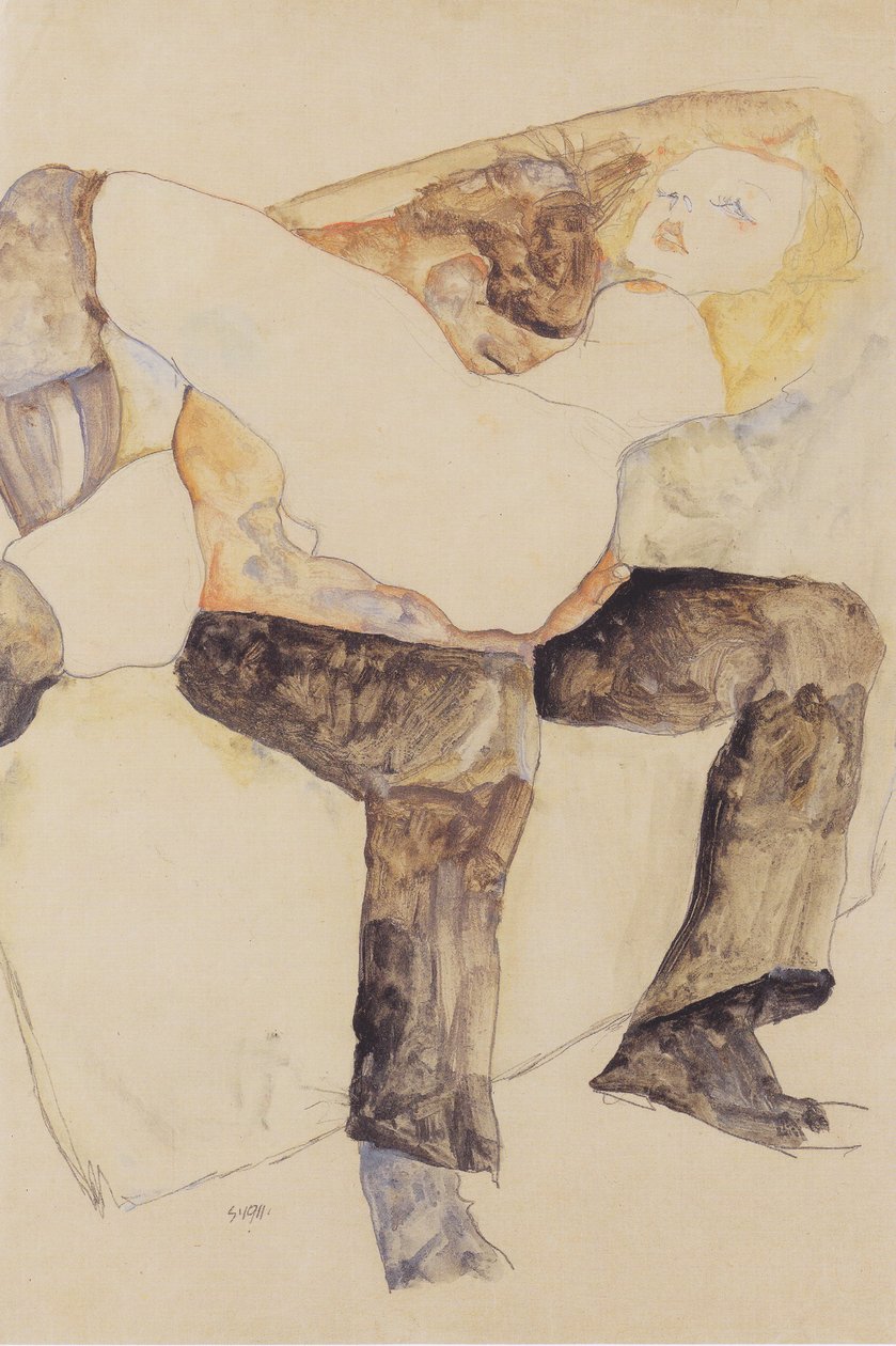Muž drží ženu na kolenou od Egon Schiele