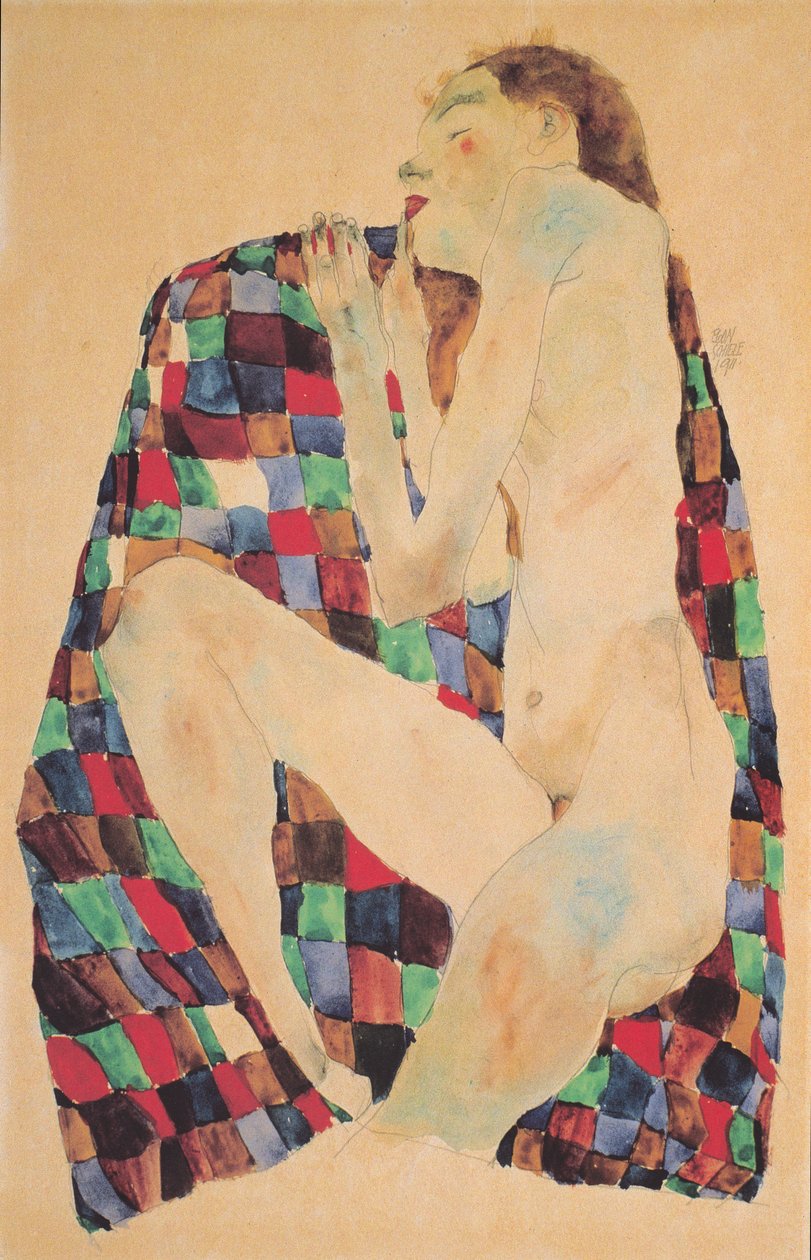 Ženský akt na kostkované tkanině od Egon Schiele