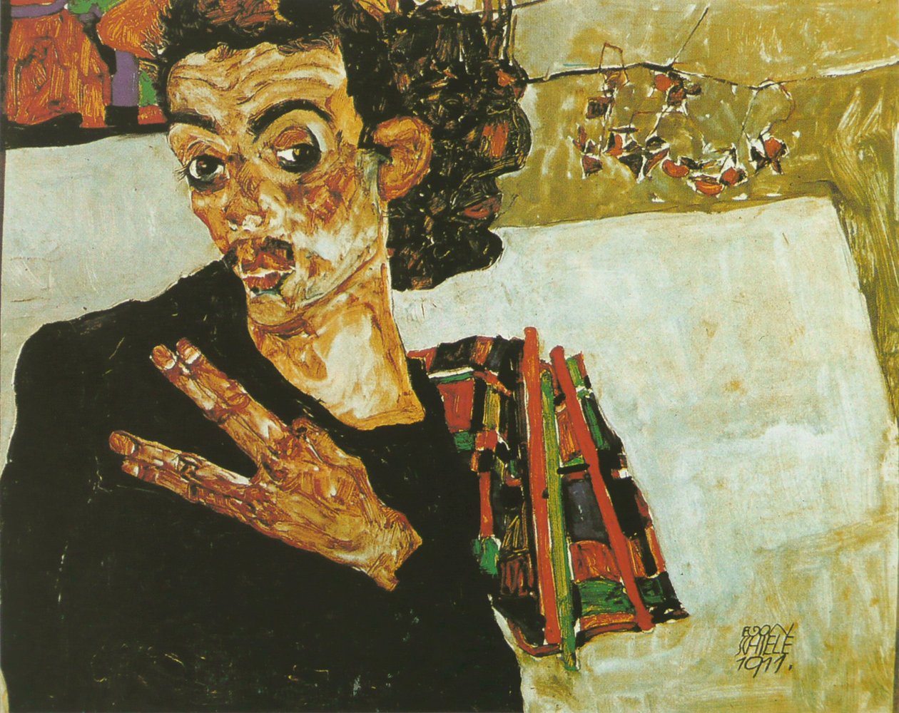 Autoportrét s černým kontejnerem od Egon Schiele