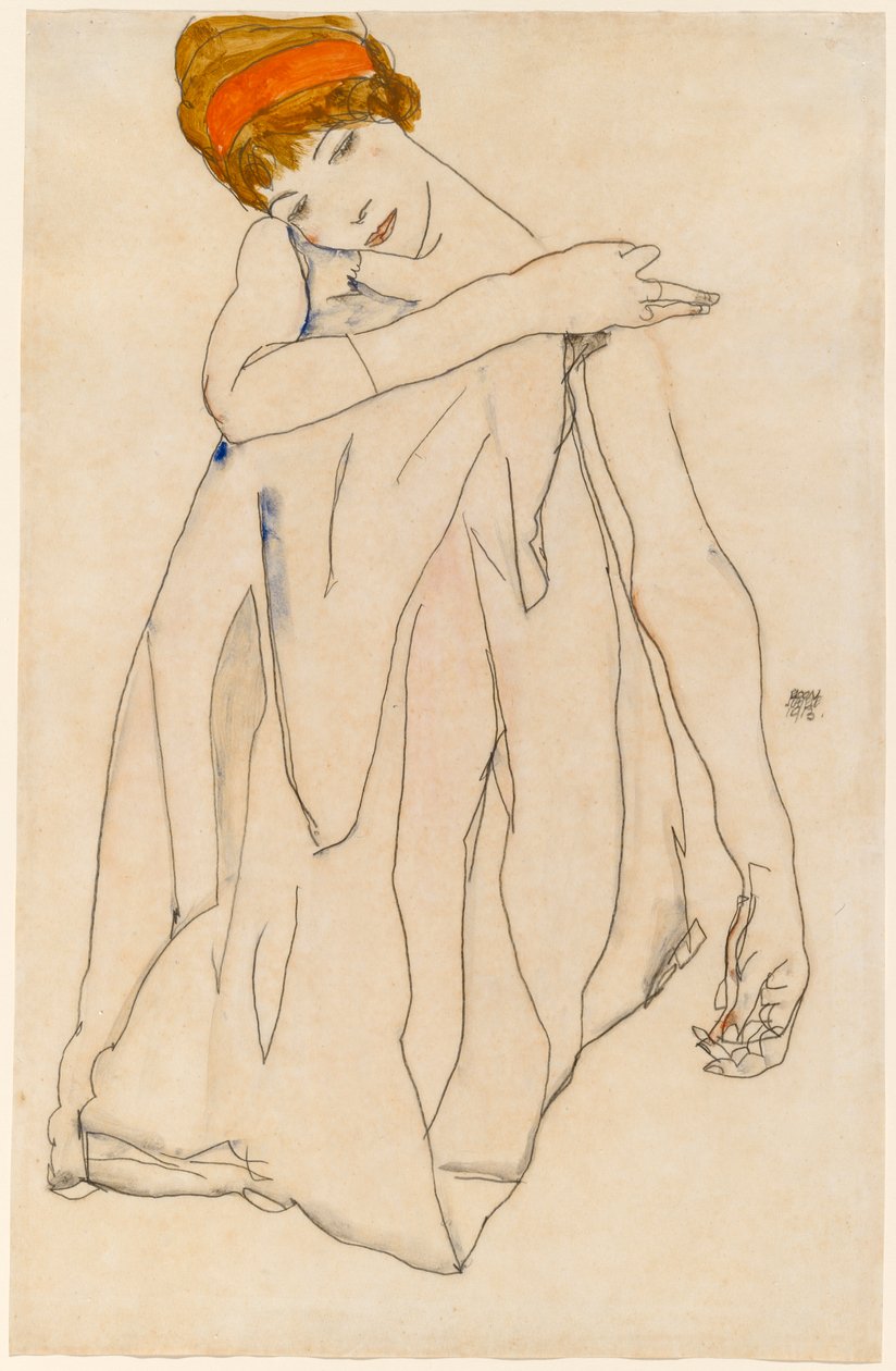 Tanečnice (Die Tänzerin), 1913 (wc a kvaš nad grafitem na tkaném papíře) od Egon Schiele