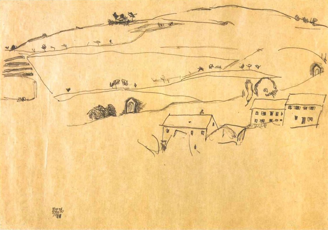 Domy před kopcem s křížovými stanicemi od Egon Schiele