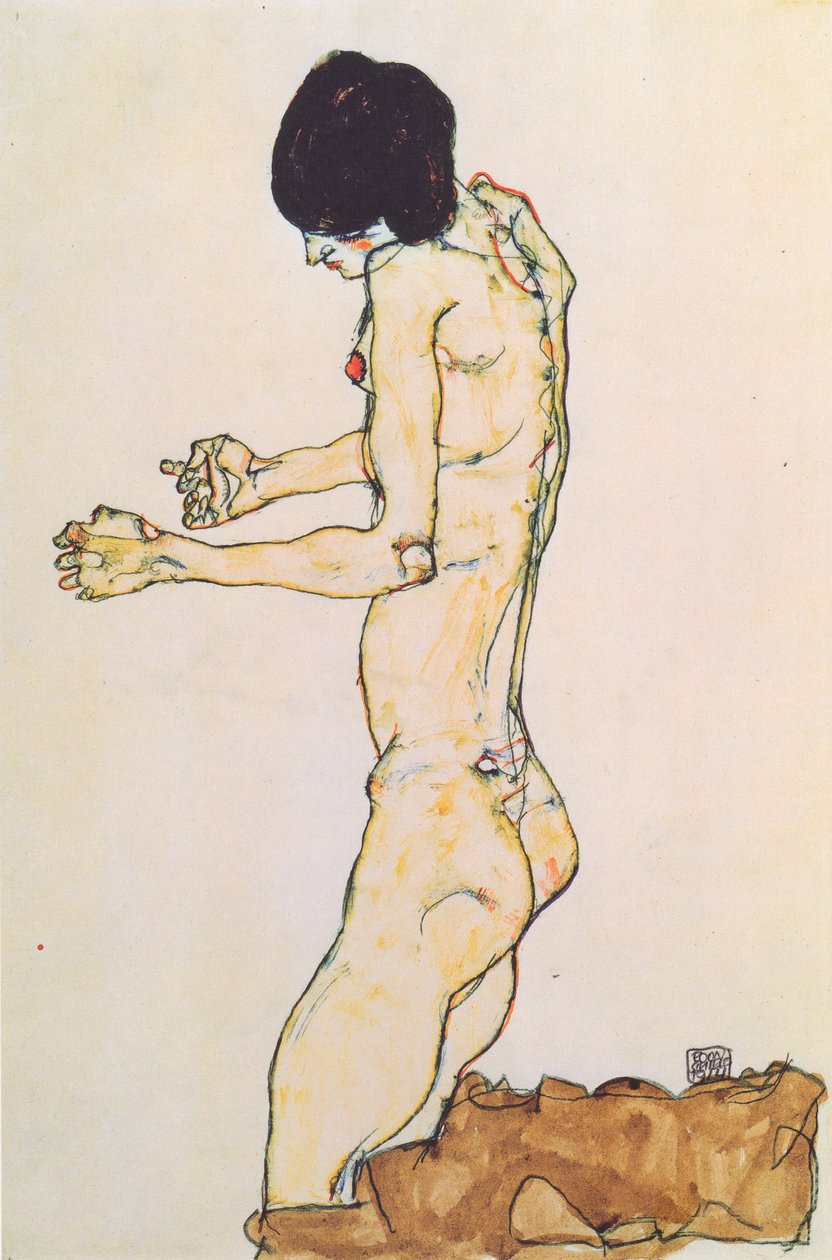 Klečící nahá žena s nataženýma rukama od Egon Schiele