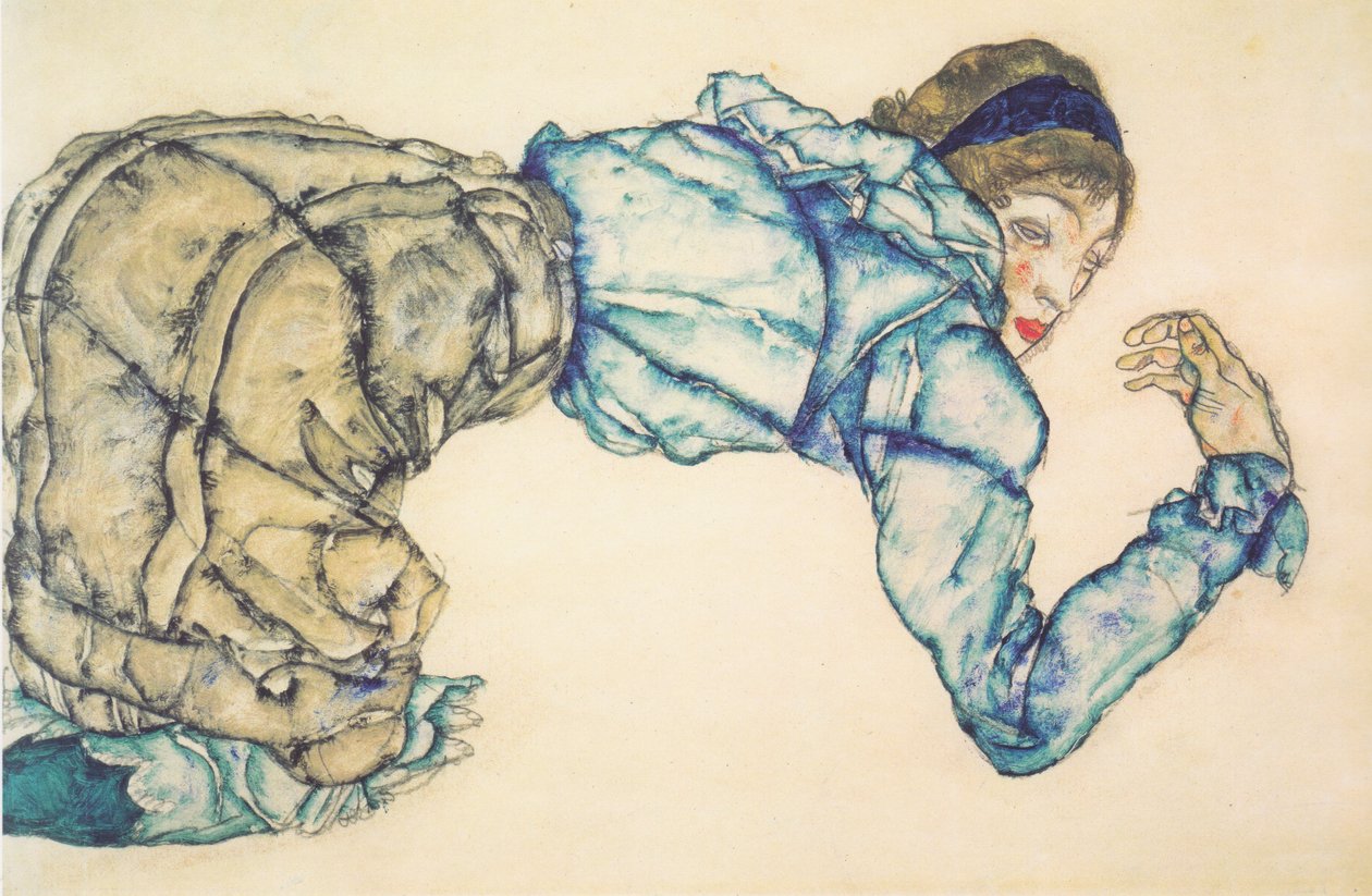 Klečící žena v modré halence od Egon Schiele