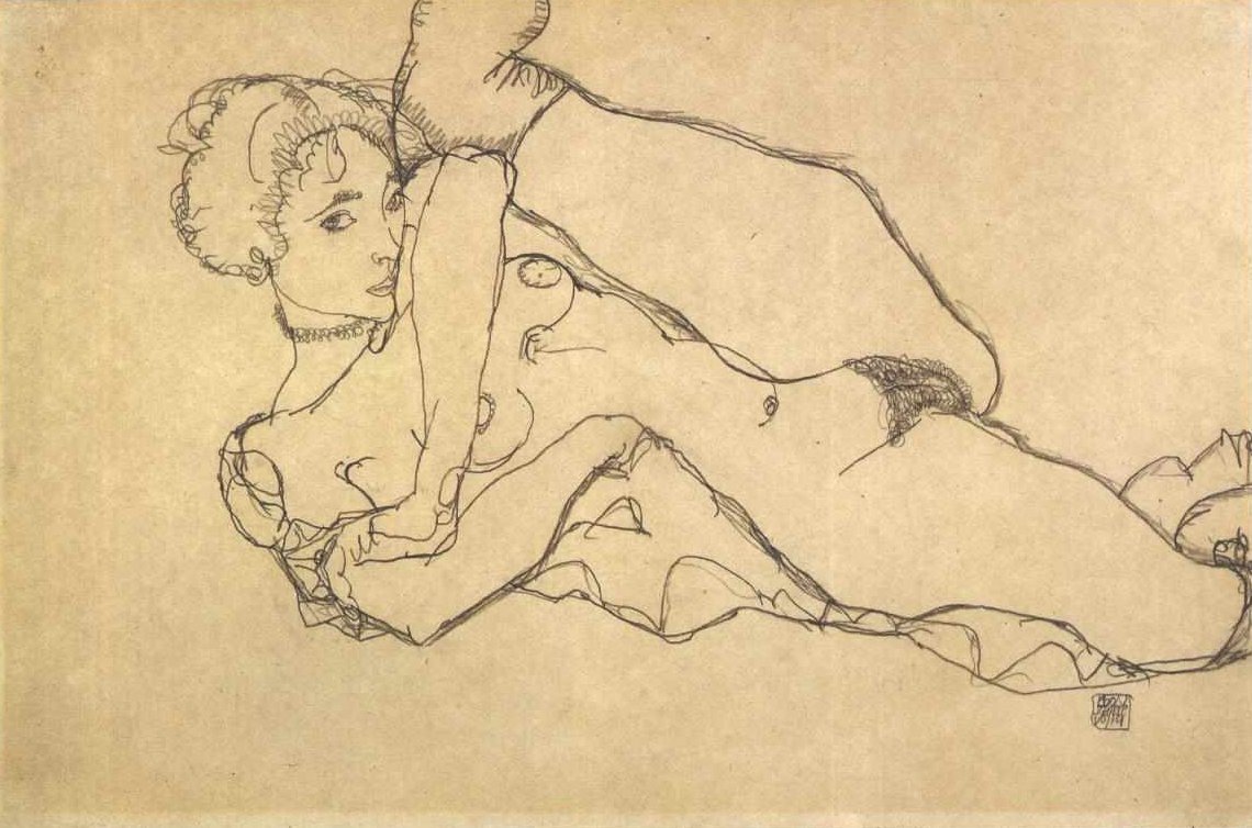 Ležící nahá se zvednutou levou nohou od Egon Schiele
