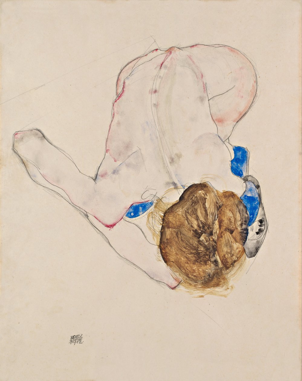 Akt s modrými punčochami, ohýbání dopředu od Egon Schiele