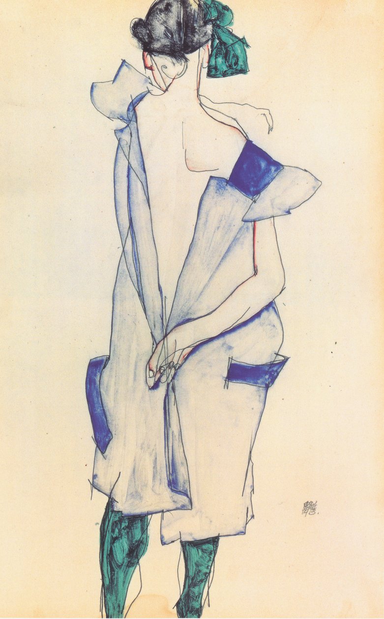 Zadní pohled na dívku v modré sukni od Egon Schiele