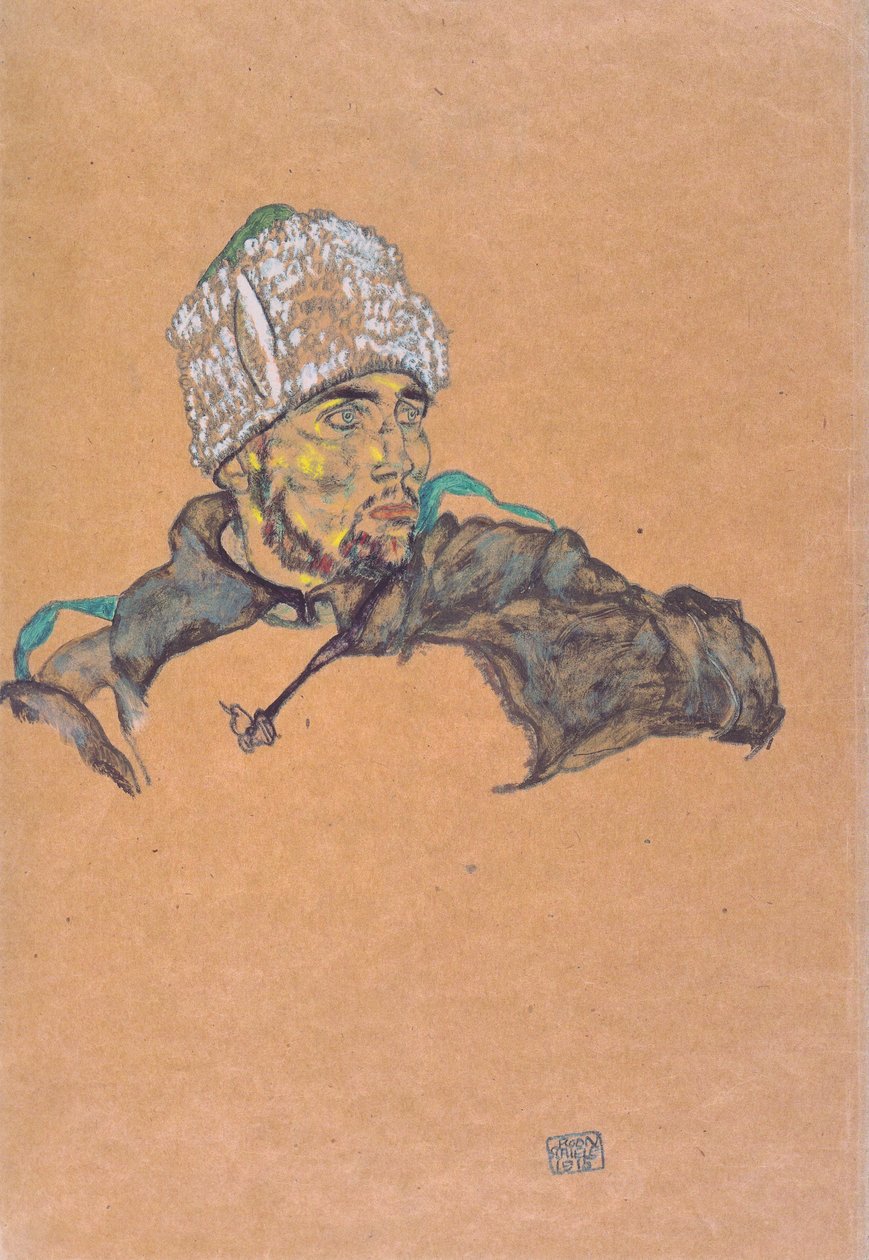 Ruský válečný zajatec s kožešinovým kloboukem od Egon Schiele