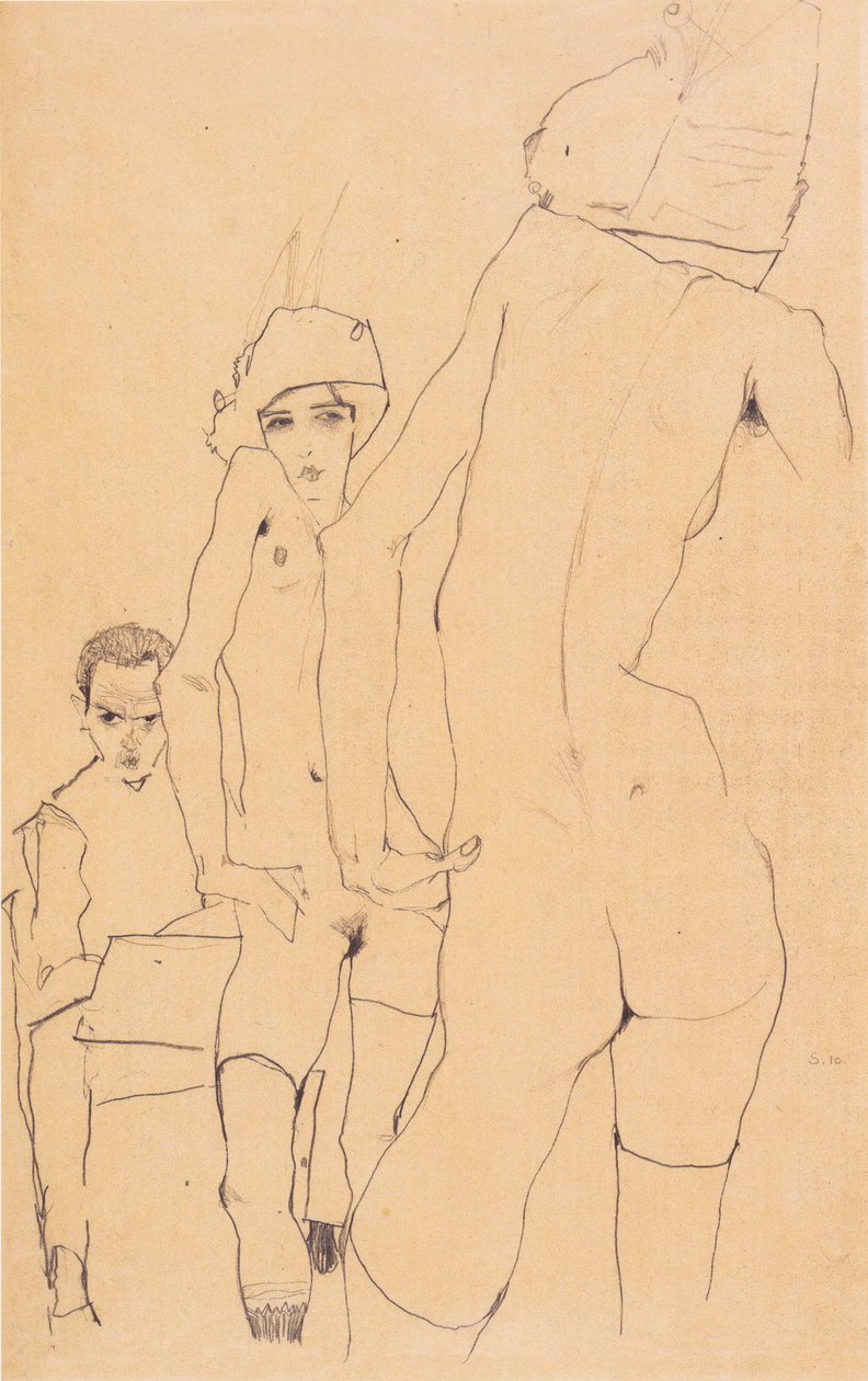 Schiele s nahým modelem před zrcadlem od Egon Schiele
