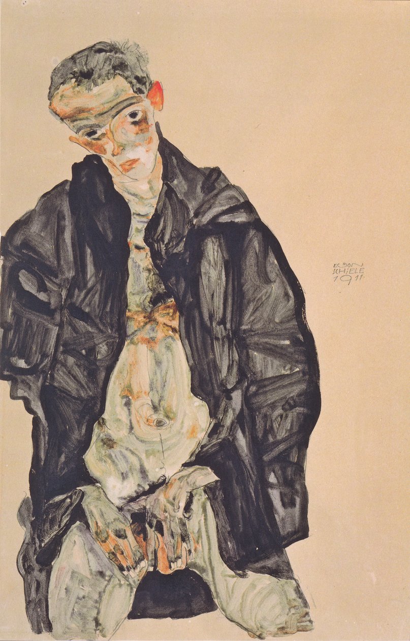 Autoportrét jako poloviční akt v černé bundě od Egon Schiele