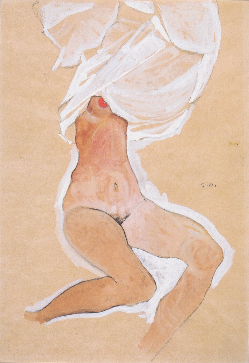 Sedící nahá dívka s košili přes hlavu od Egon Schiele