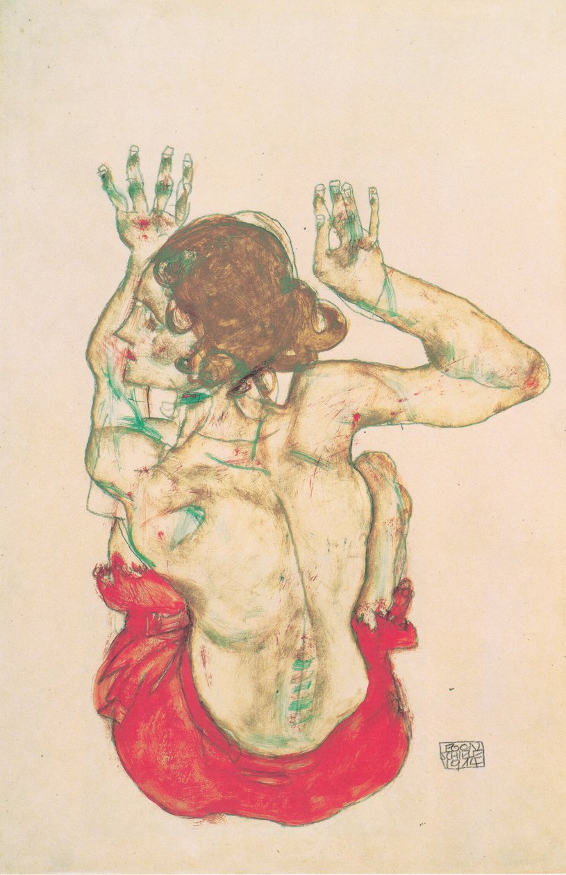 Sedící ženská akt zezadu s červenou sukní od Egon Schiele