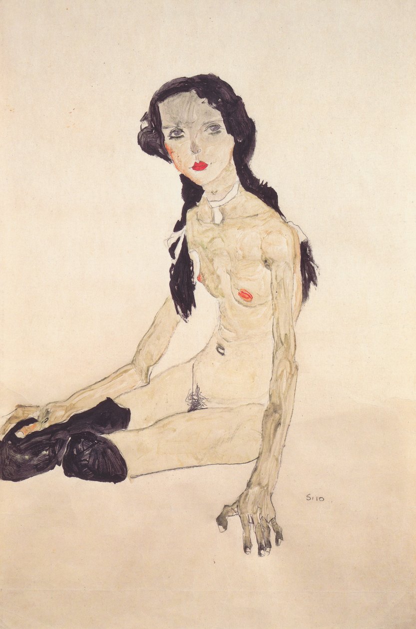 Sedící dívka s culíkem od Egon Schiele