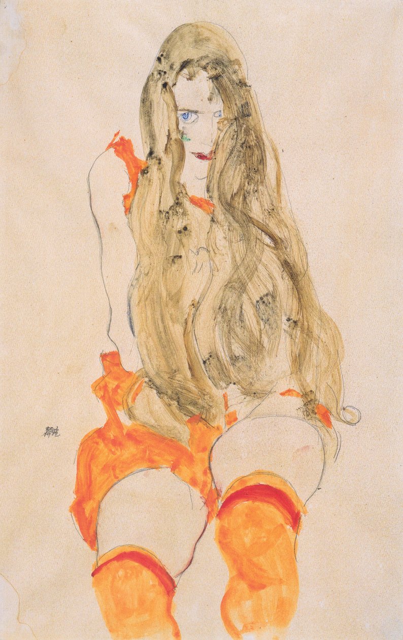 Sedící dívka s padajícími vlasy od Egon Schiele
