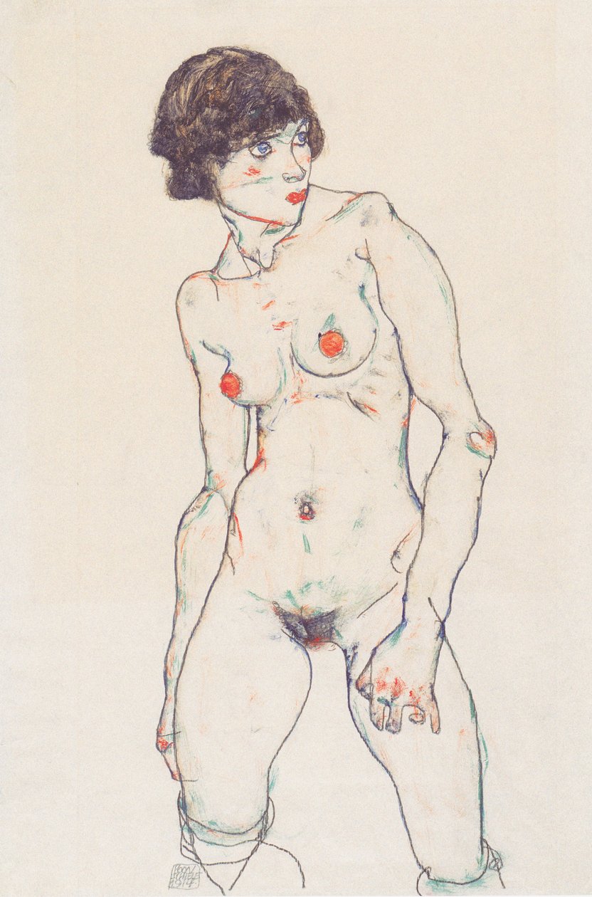 Stojící nahá žena s punčochami od Egon Schiele