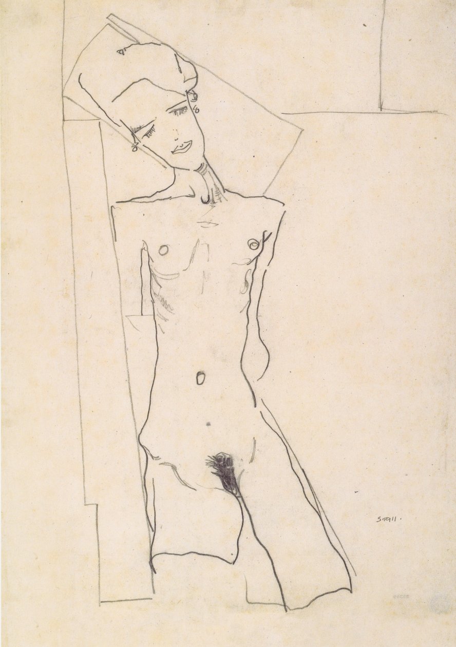 Stojící nahá žena před geometrickými tvary od Egon Schiele