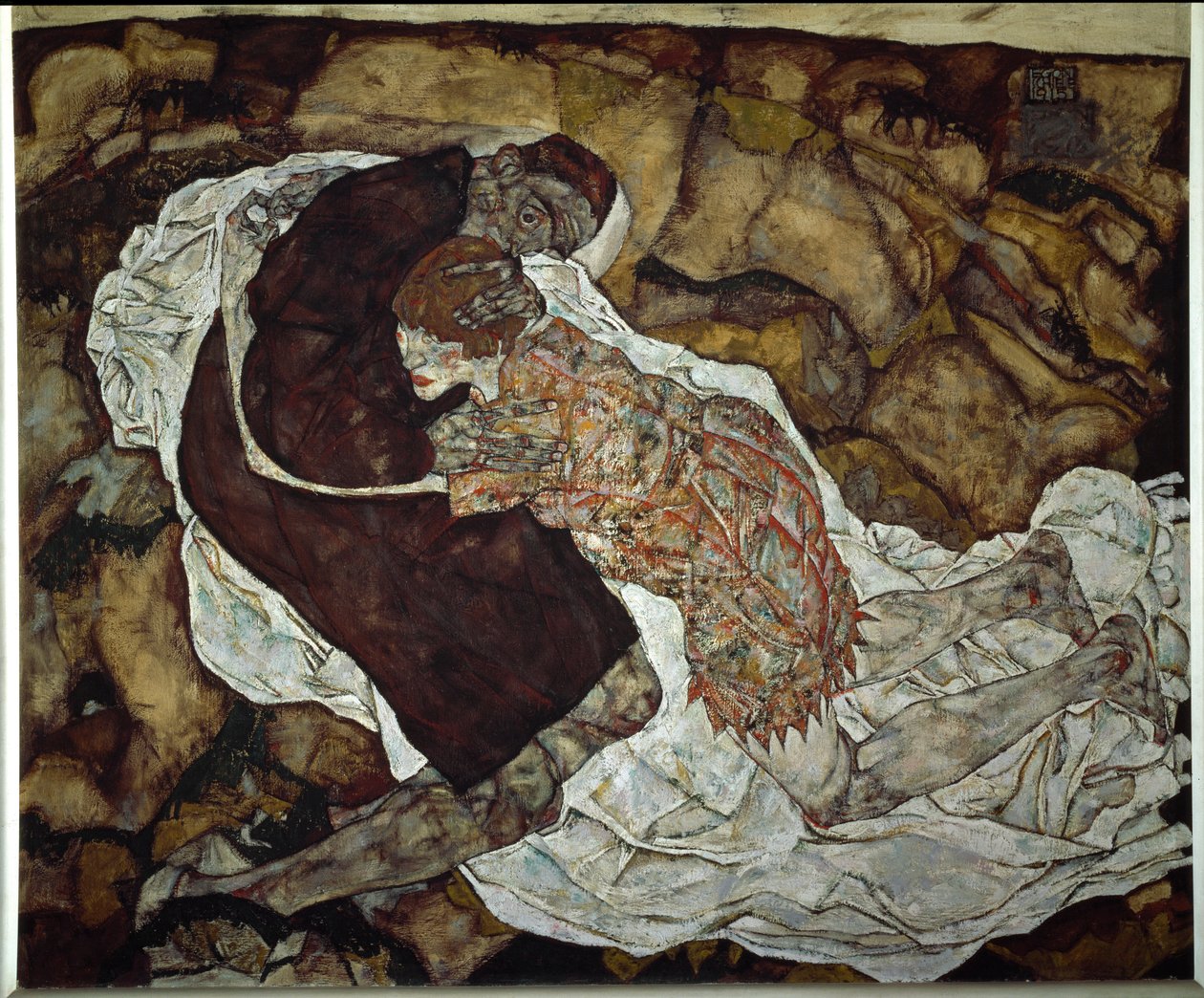 Žena a smrt. Obraz Egona Schieleho (1890-1918), 1915. Olej na plátně. Rozměr: 150,5 x 180 cm. Vídeň, Oesterreichische Galerie im Belvedere od Egon Schiele