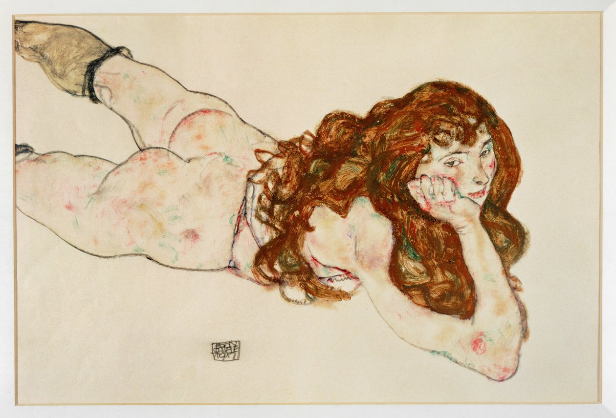 Ženský akt ležící na břiše - Akt na ... (kvaš a černá pastelka) od Egon Schiele