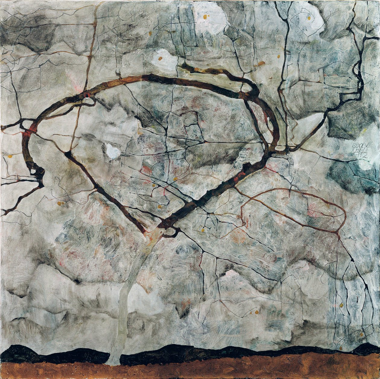 Podzimní strom v turbulentním vzduchu. Obraz Egona Schieleho (1790-1918), olej na plátně od Egon Schiele
