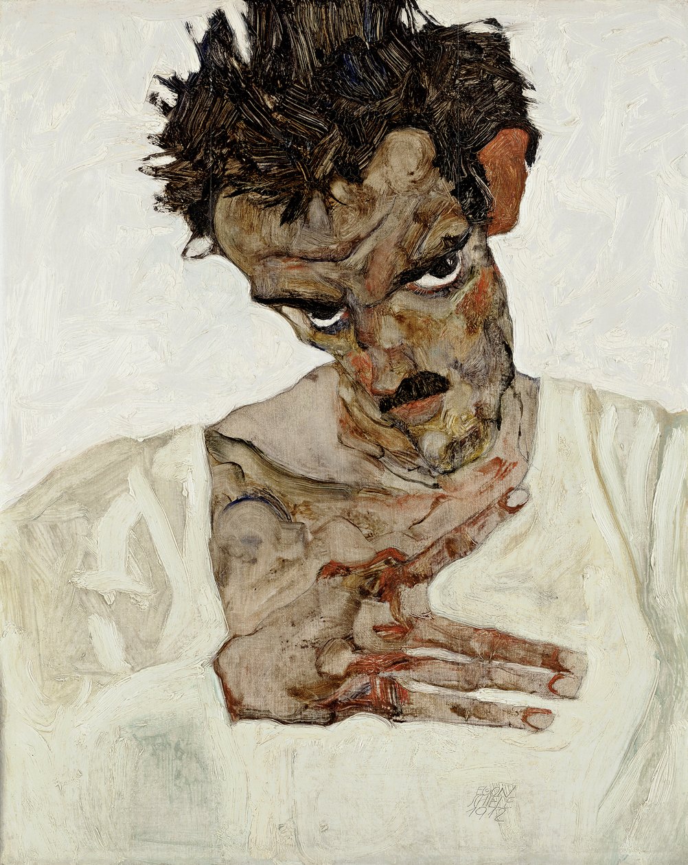 Autoportrét se sklopenou hlavou. Obraz Egona Schieleho (1890-1918), olej na dřevě od Egon Schiele
