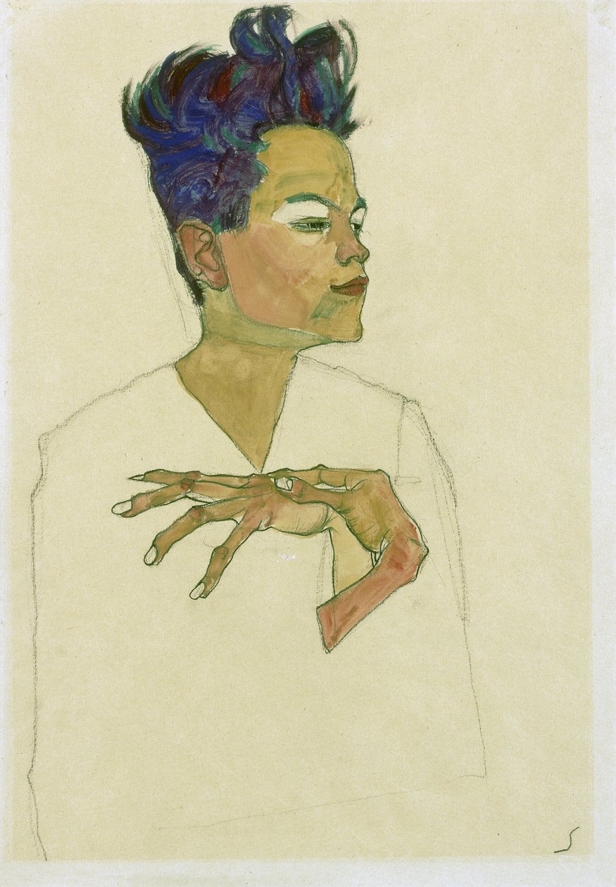 Autoportrét s rukama na hrudi. (Autoportrét s rukama na hrudi). Dílo Egona Schieleho (1890-1918), akvarel a křída na papíře od Egon Schiele