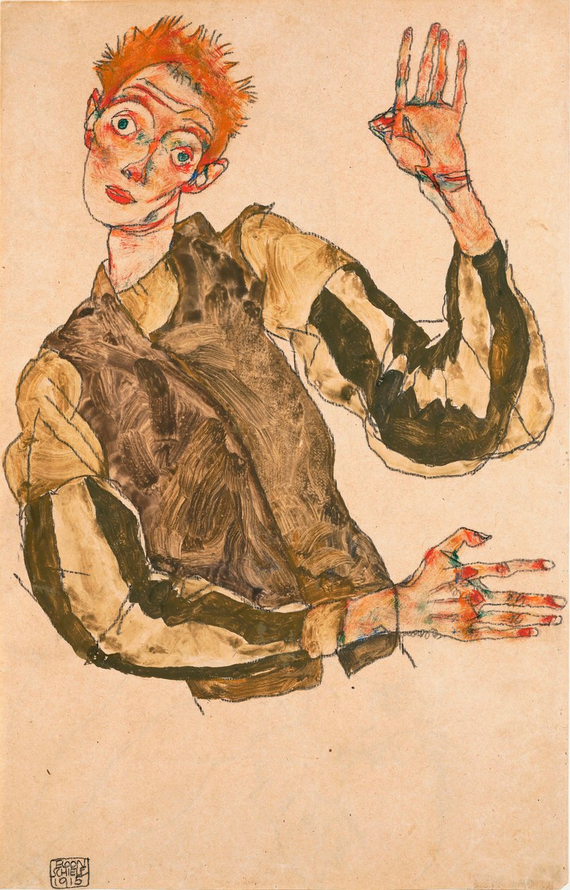 Autoportrét s pruhovanými rukávy - Dílo Egona Schieleho (1890-1918), kvaš na papíře od Egon Schiele