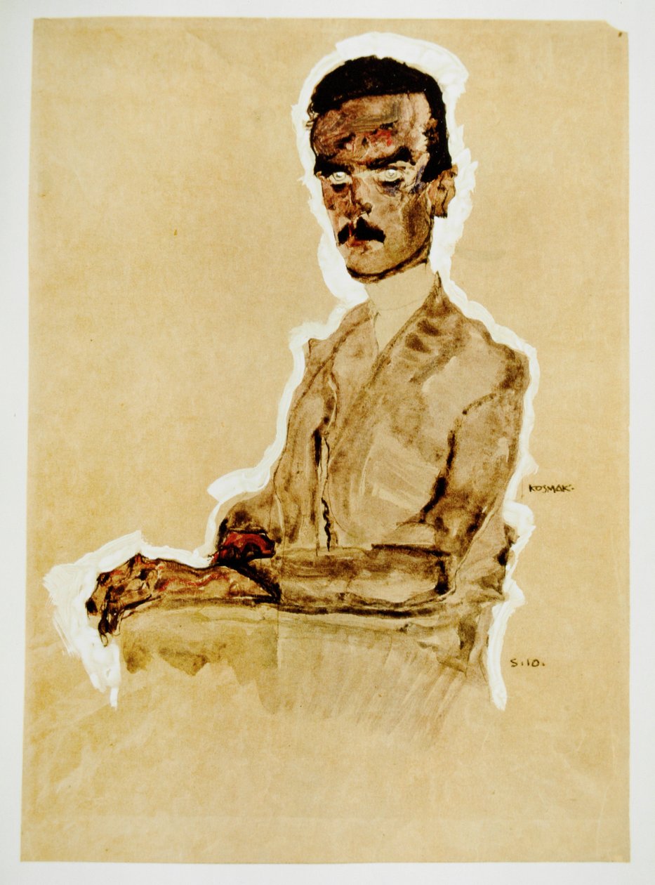 Bildnis Eduard Kosmack, sitzend -Portrét Eduarda ... (kvaš, akvarel a černá pastelka s bílým zvýrazněním) od Egon Schiele