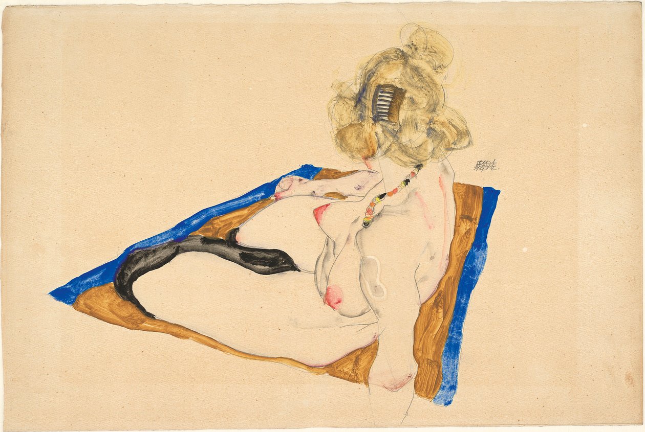 Blonďatý akt sedící na hnědém koberci s modrým okrajem, 1912. od Egon Schiele