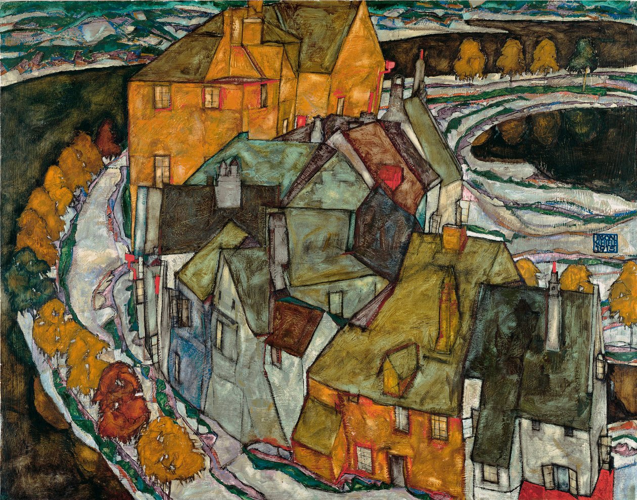 Crescent of Houses II (Island City) - Malba Egona Schieleho (1890-1918), olej na plátně od Egon Schiele
