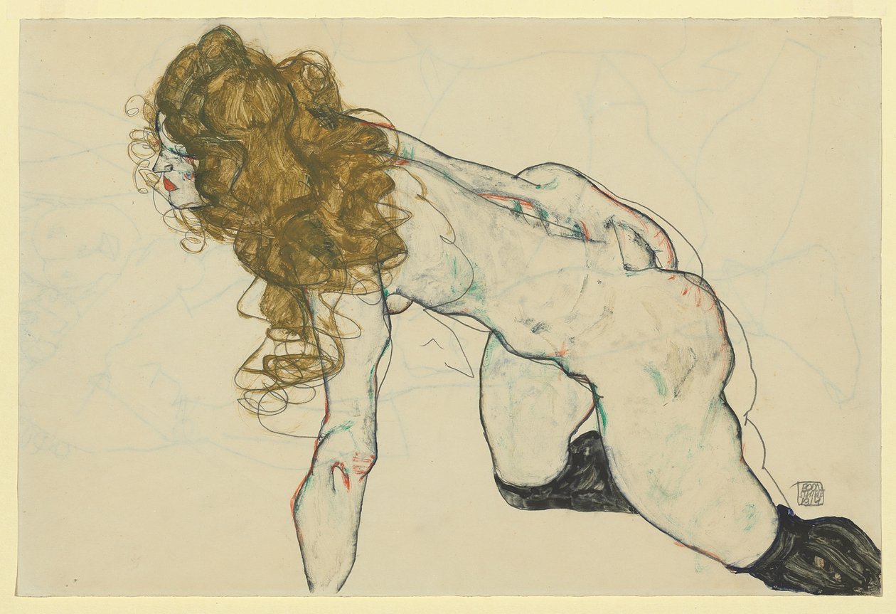 Krčící se ženský akt s blond vlasy a odpočívající levou paží (recto) od Egon Schiele