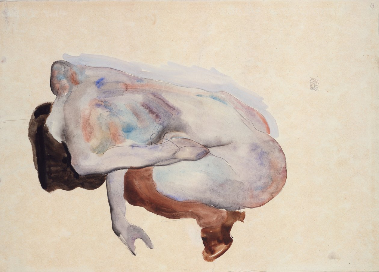 Krčící se akt v botách a černých punčochách, pohled zezadu, 1912 (wc, kvaš a grafit na papíře) od Egon Schiele