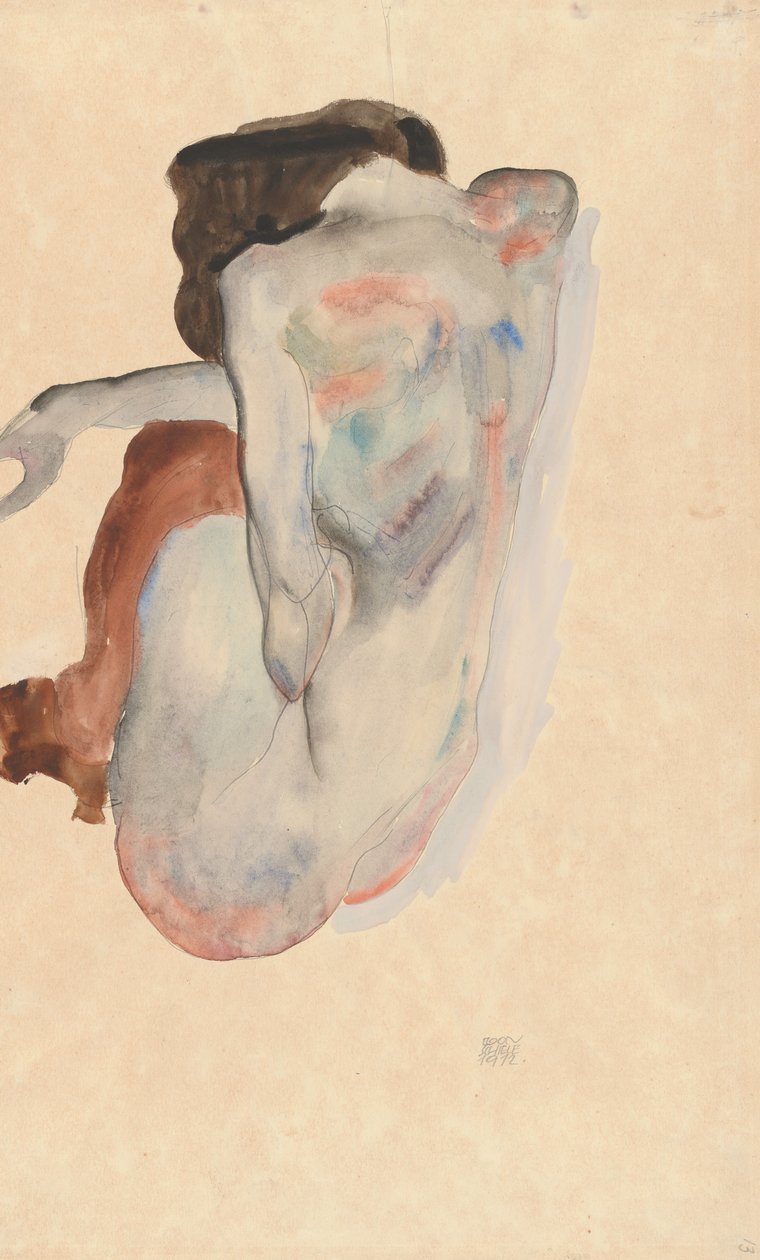Krčící se akt v botách a černých punčochách, pohled zezadu, 1912. od Egon Schiele